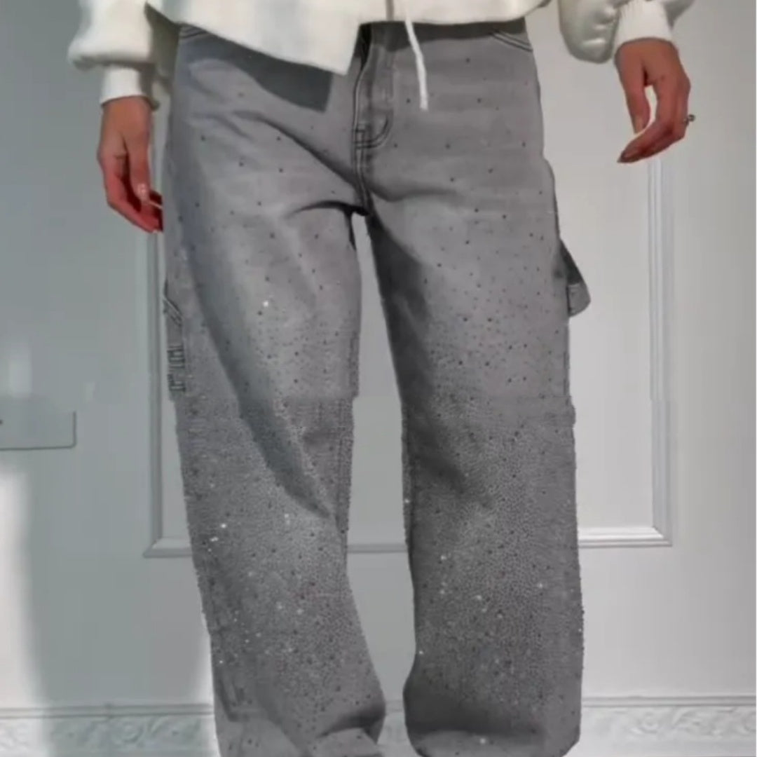 Andrea's™ | Glänzende, locker geschnittene Jeans mit weitem Bein und Taschen
