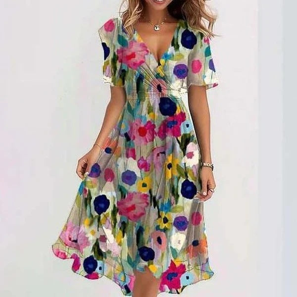 Andrea's™ | Chiffon bedruckte Kurzarm-Sommer-V-Ausschnitt-Kleider