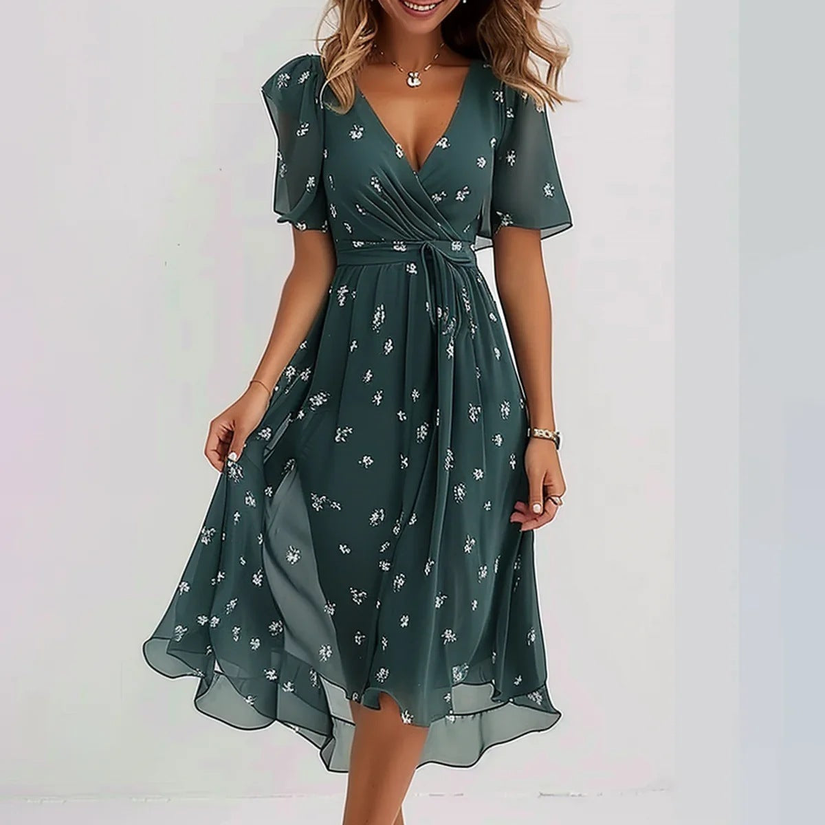 Andrea's™ | Chiffon bedruckte Kurzarm-Sommer-V-Ausschnitt-Kleider
