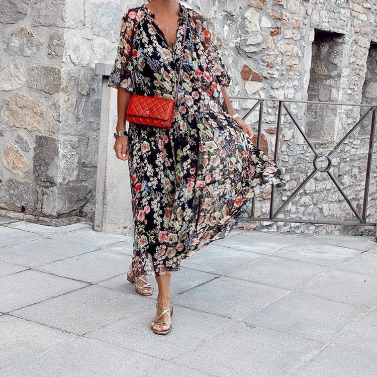 Andrea's™ | Fließendes Maxikleid mit Blumenmuster und V-Ausschnitt
