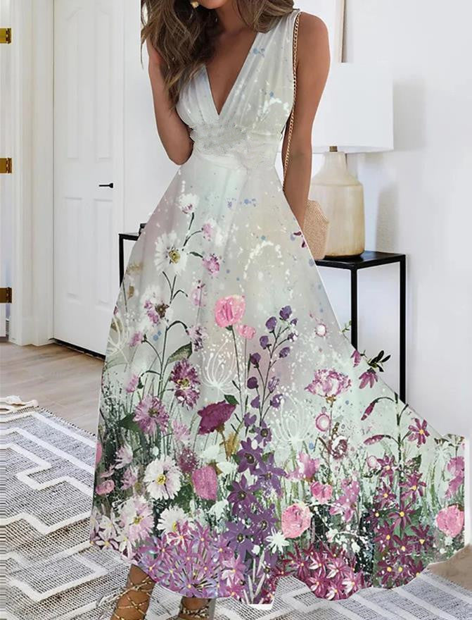 Andrea's™ | Ärmelloses Blumiges V-Ausschnitt Kleid