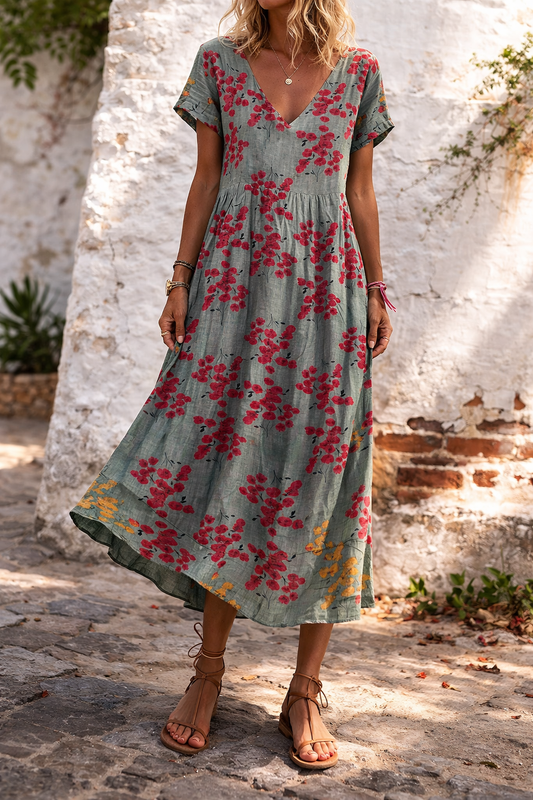Maxikleid aus Baumwolle mit Blumenmuster und V-Ausschnitt von Andrea Serena