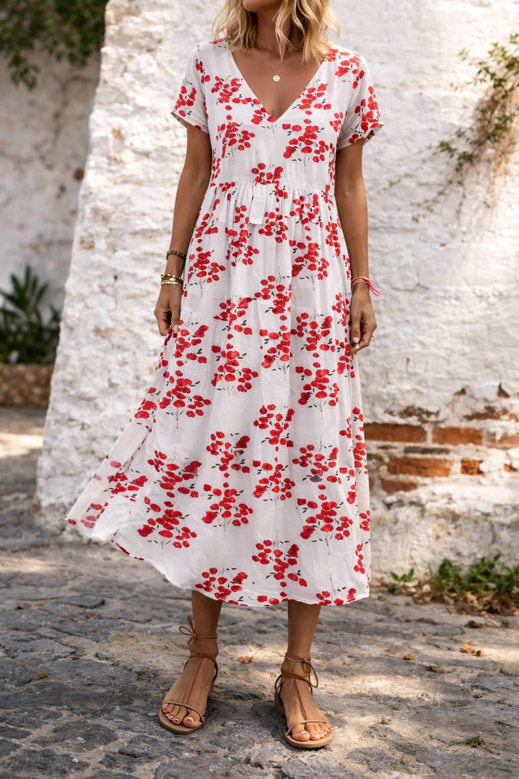 Maxikleid aus Baumwolle mit Blumenmuster und V-Ausschnitt von Andrea Serena