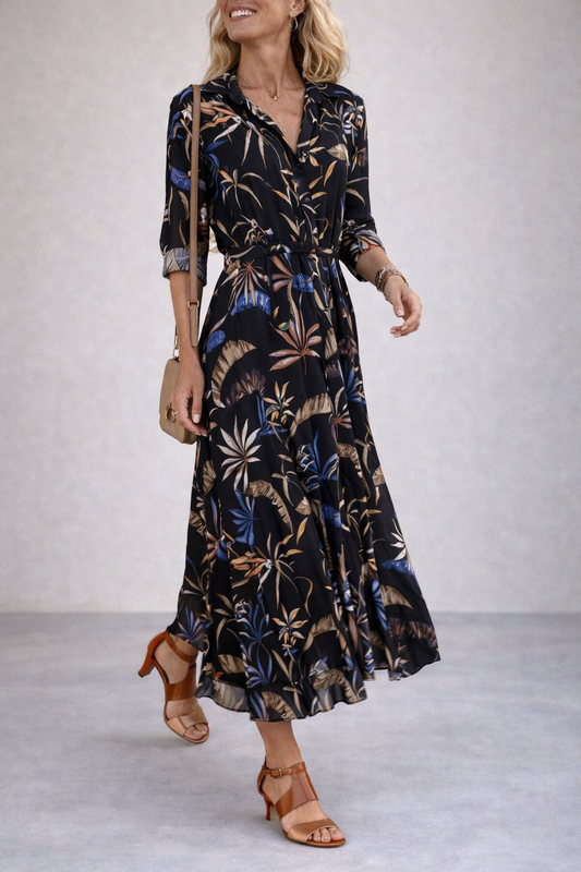 Andrea's™ | Blumiges Hemdblusenkleid mit Gürtel – Elegantes Maxikleid mit langen Ärmeln