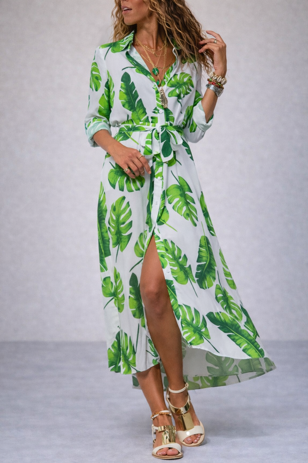 Andrea's™ | Blumiges Hemdblusenkleid mit Gürtel – Elegantes Maxikleid mit langen Ärmeln