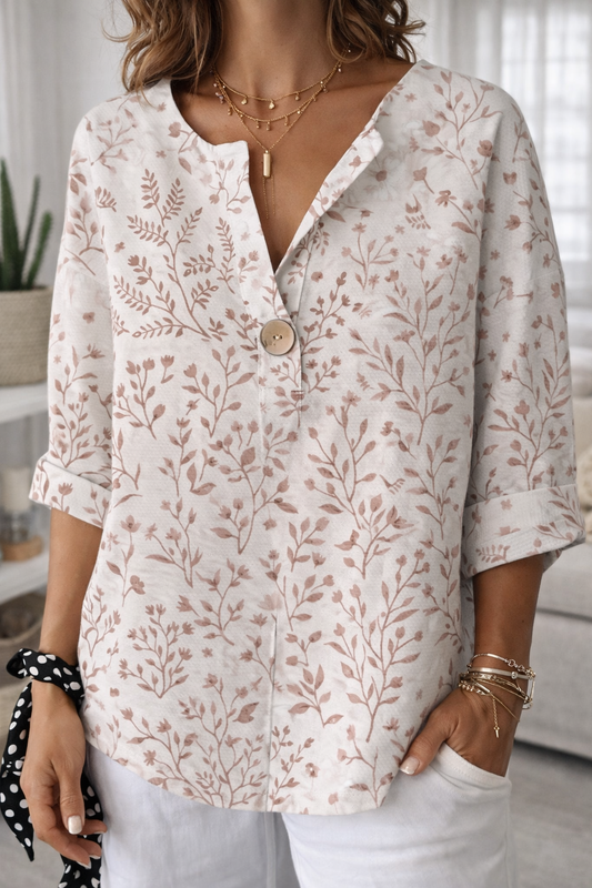 Andrea Serena Bluse mit Blumenmuster, Knopfleiste und V-Ausschnitt