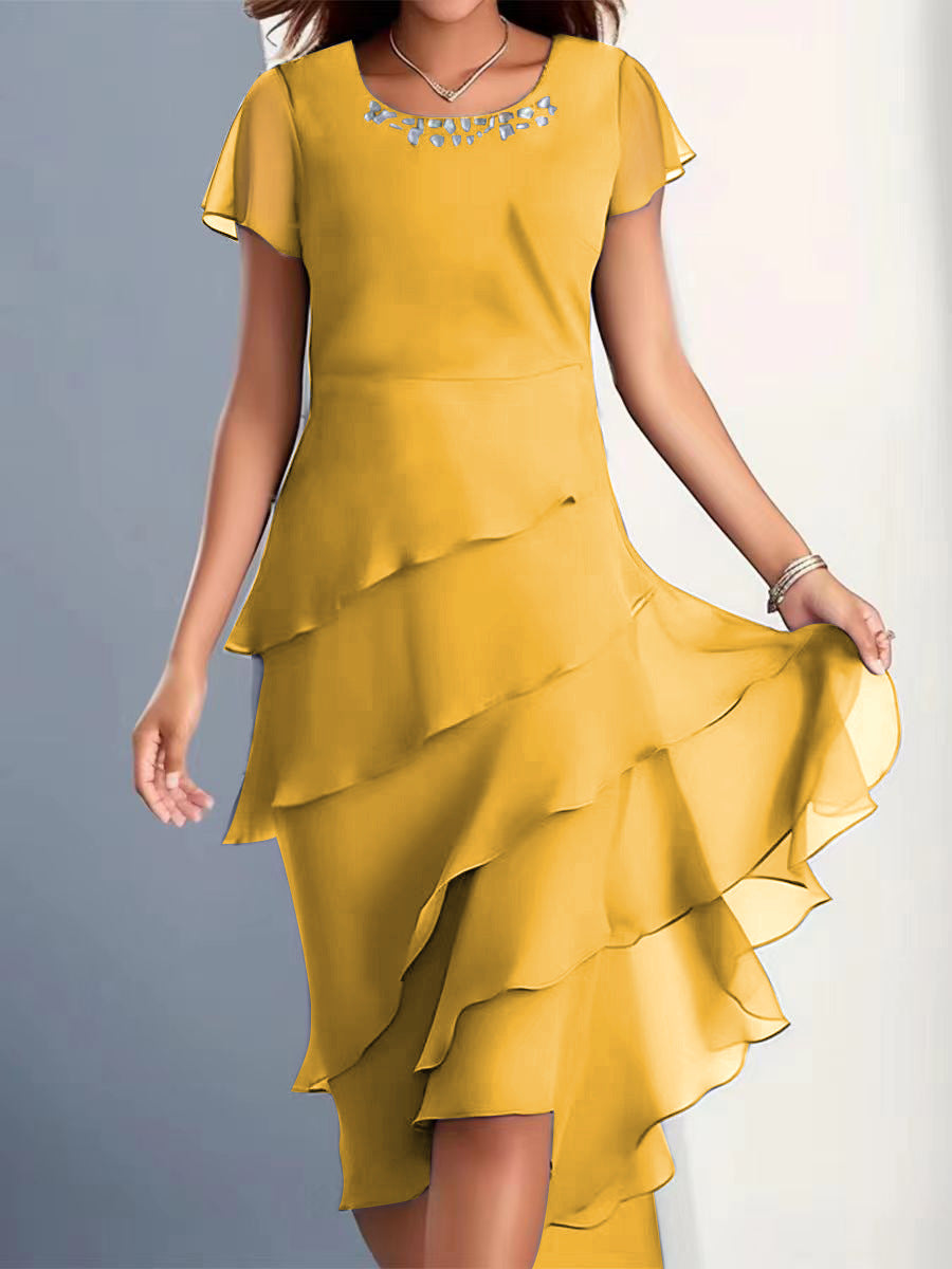 Andrea's™ | Elegantes Chiffonkleid mit Volants und Schmuckkragen