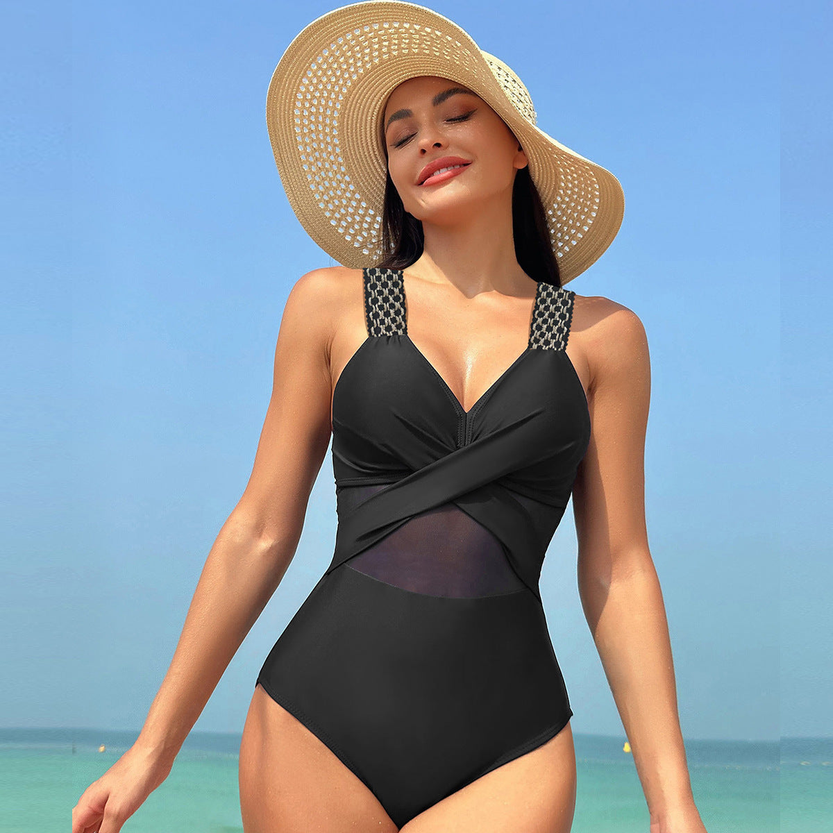 Andrea's™ | Einteiliger Badeanzug mit überkreuztem Mesh-Detail und gemusterten Trägern