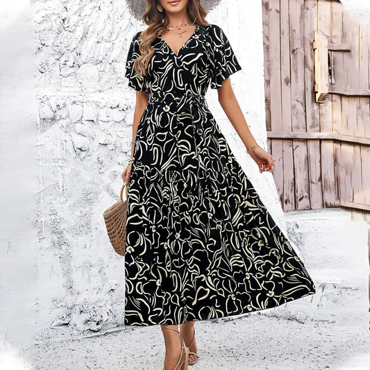Andrea Serena Midikleid mit Blumenmuster und kurzen Ärmeln