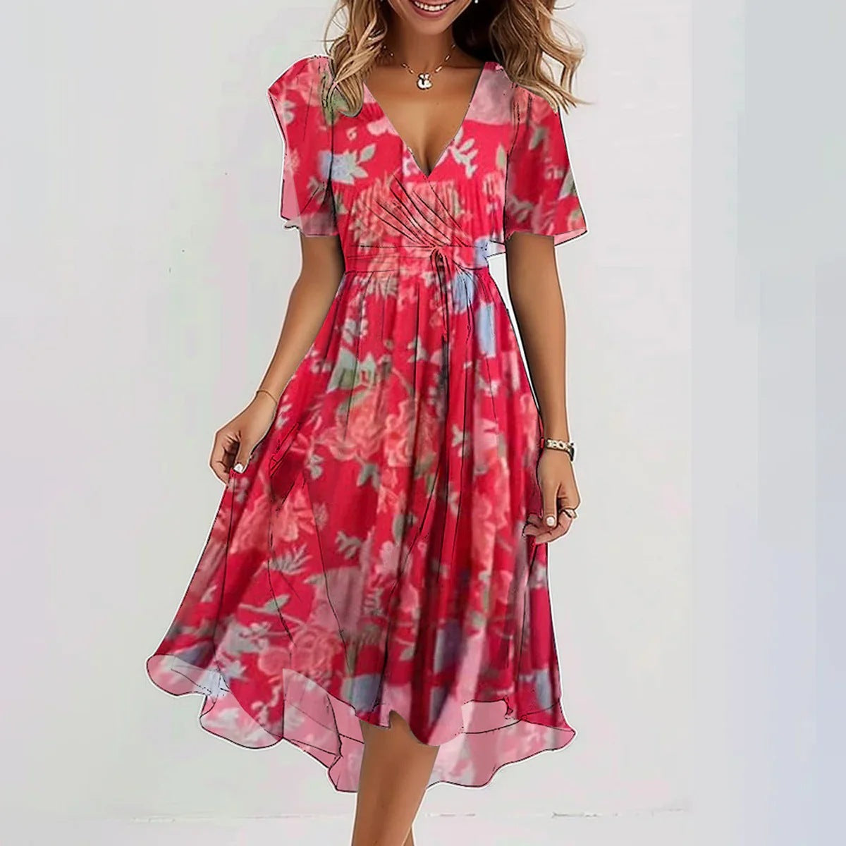 Andrea's™ | Chiffon bedruckte Kurzarm-Sommer-V-Ausschnitt-Kleider