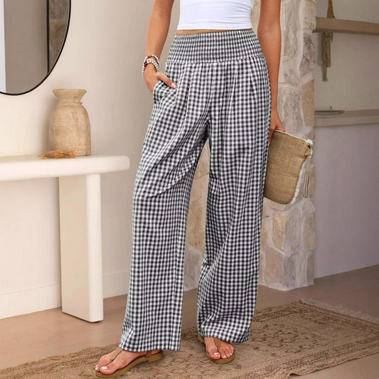 Karierte Freizeithose, locker geschnitten, Damenmode, weite Hose mit Taschen