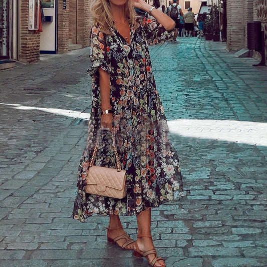 Andrea's™ | Fließendes Maxikleid mit Blumenmuster und V-Ausschnitt