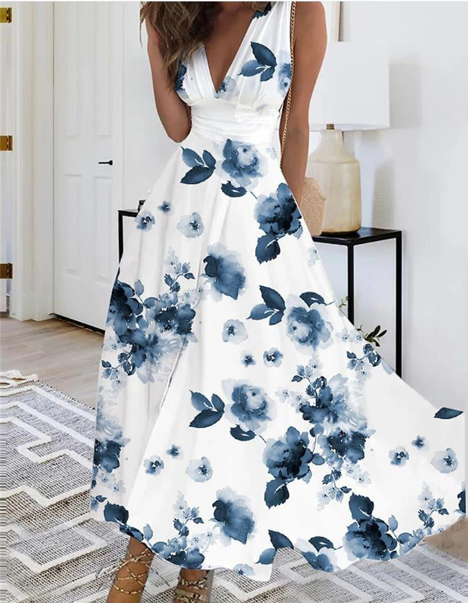 Andrea's™ | Ärmelloses Blumiges V-Ausschnitt Kleid