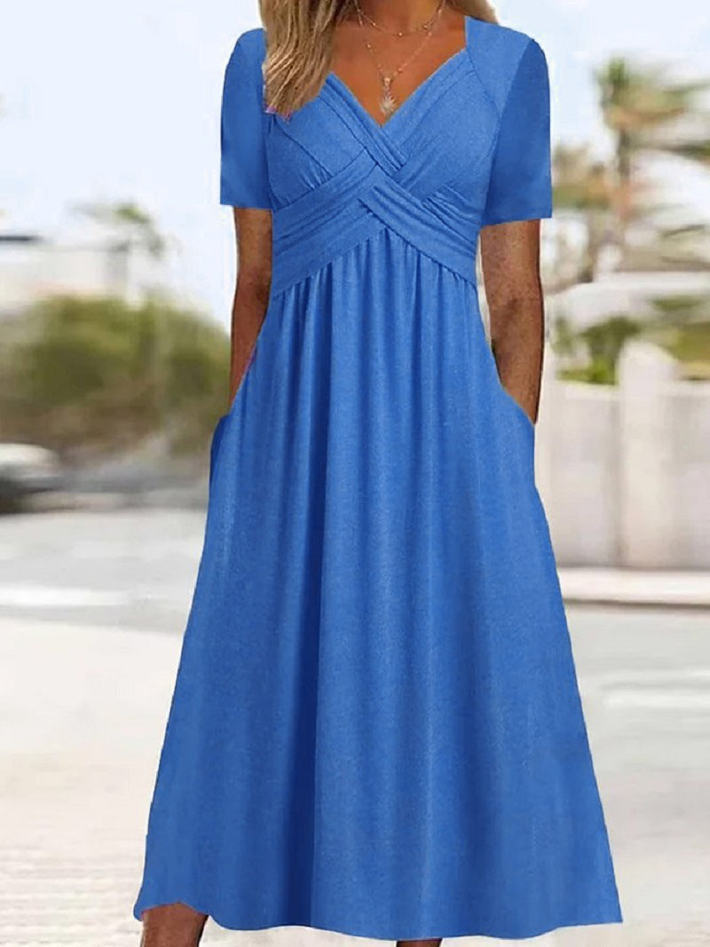 Andrea's™ | Kurzarm-Plisseekleid mit V-Ausschnitt