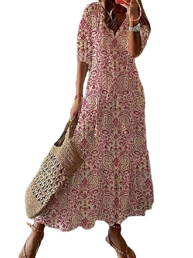 Andrea's™ | Lockeres Kleid mit V-Ausschnitt, Print, Quasten und halblangen Ärmeln