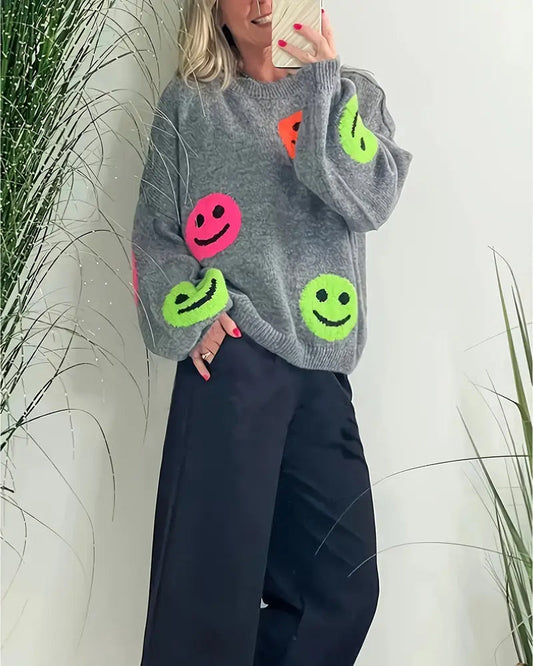 Andrea's™ | Sweater mit Smiley und Rundhalsausschnitt