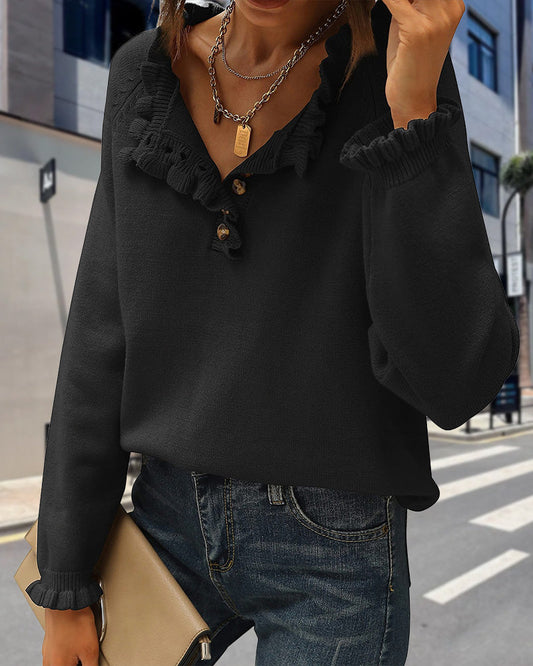 Andrea's™ | Lässiger, einfarbiger pullover mit reversknopf und rüschen