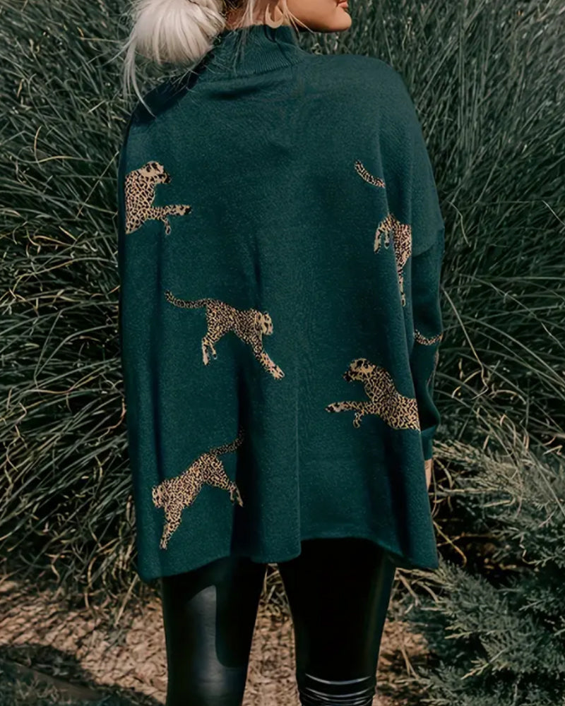 Andrea's™ | Pullover hoher Kragen locker Leopardenmuster