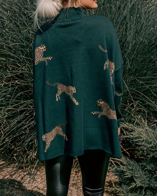 Andrea's™ | Pullover hoher Kragen locker Leopardenmuster