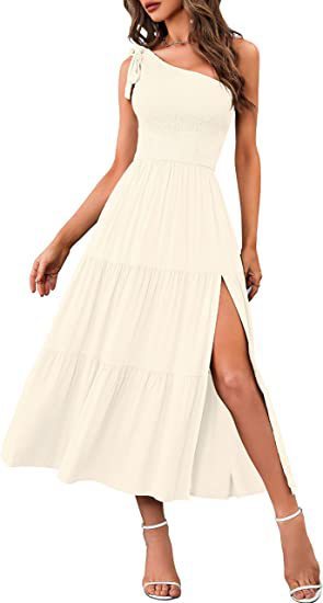Andrea's™ | Sommermode Ein-Schulter-Kleid mit plissiertem, geschichtetem Saum, geteilt