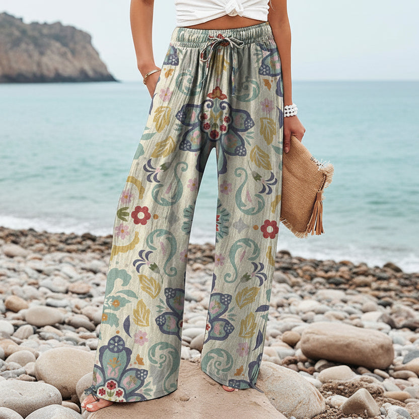Boho-Hose mit botanischem Muster von Andrea Serena für Damen mit weitem Bein