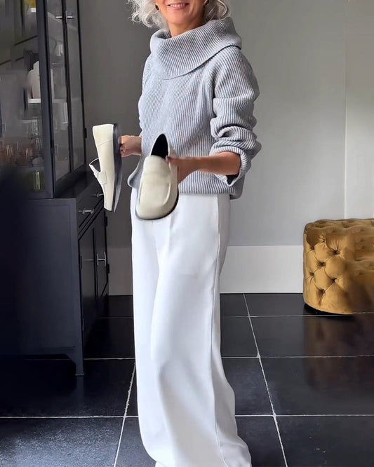 Andrea's™ | Unifarbener langärmeliger Ein-Schulter-Pullover