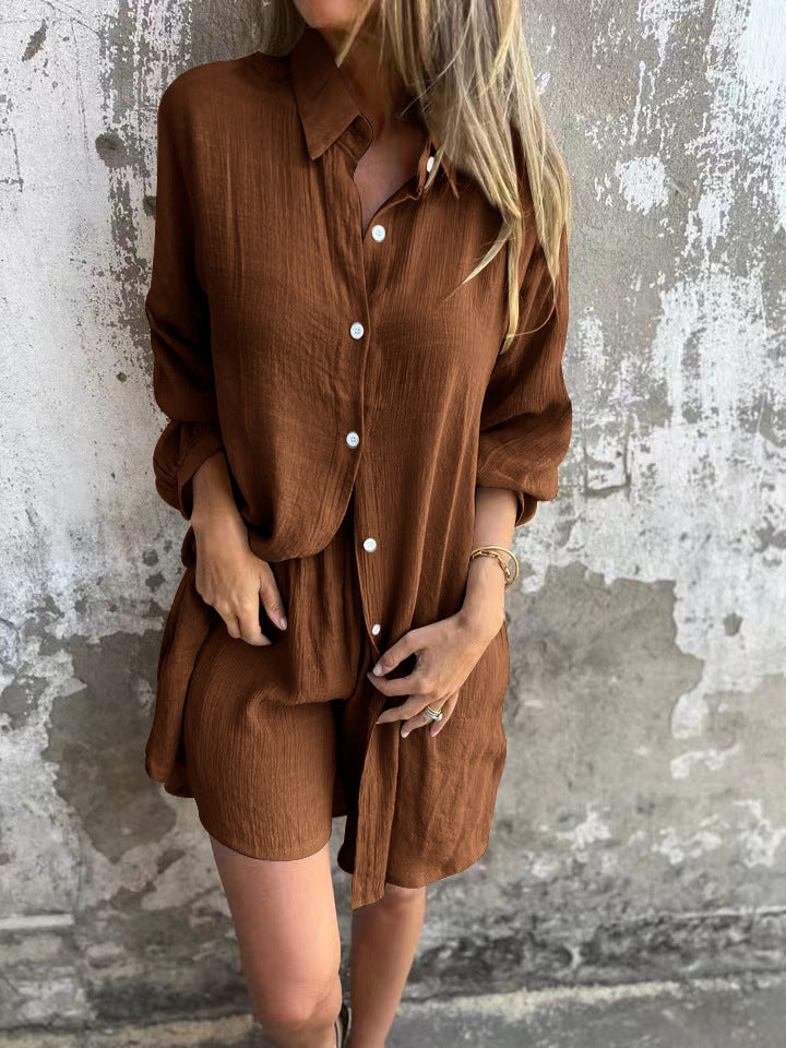 Andrea's™ | Lockeres langärmeliges Hemd mit Reversknopf und Shorts
