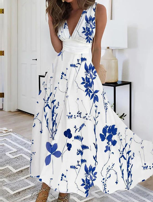 Geblümtes Kleid mit V-Ausschnitt und hoher Taille von Andrea Serena