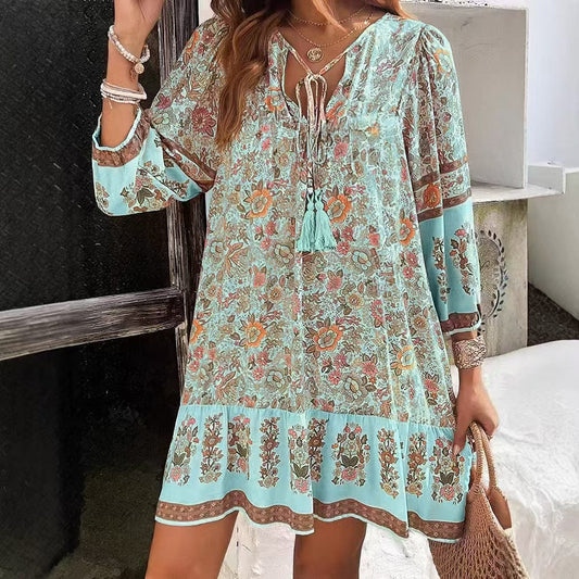 Boho-Blumenkleid von Andrea Serena mit V-Ausschnitt, Midi-Länge
