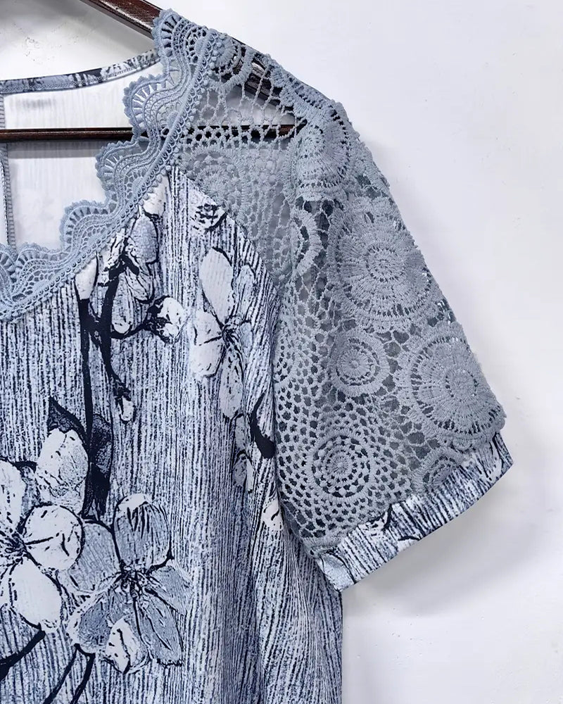 Andrea's™ | T-Shirt Spitze Häkel Patchwork Bedruckt