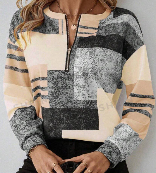 Andrea's™ | Rundhalsausschnitt Halbe Zippe Langarm-Poloshirt Unregelmäßiges Geometrisches Top