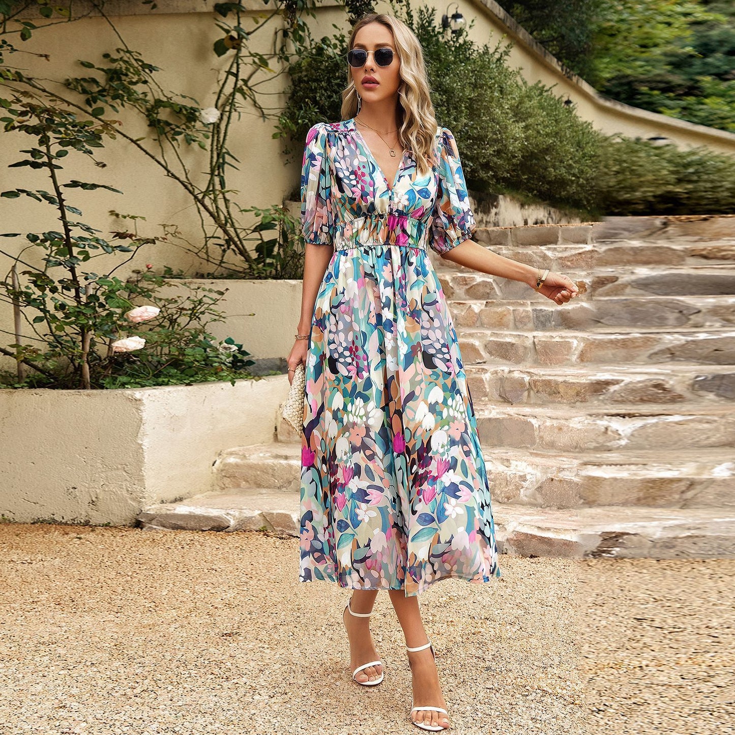 Andrea's™ | V-Ausschnitt Bedrucktes Maxikleid mit kurzen Ärmeln