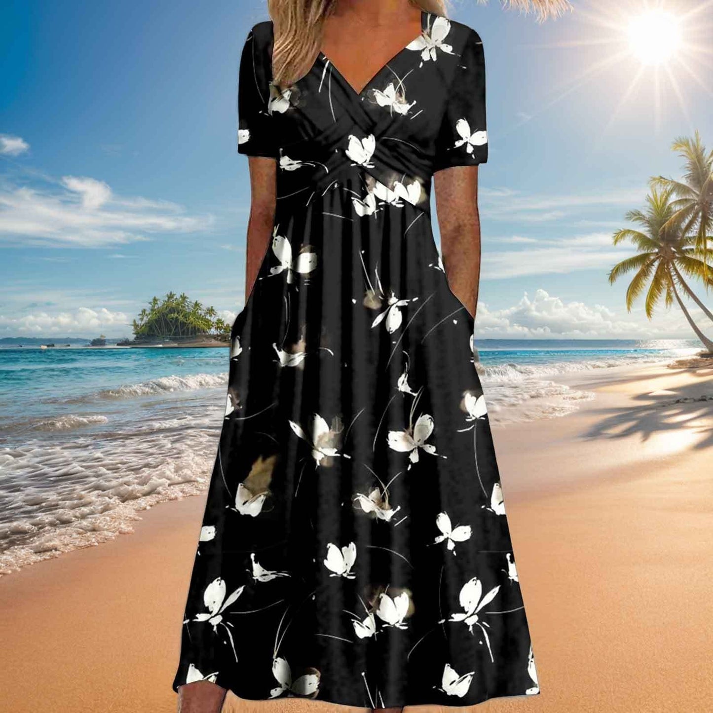 Andrea's™ | Kurzarm-Plisseekleid mit V-Ausschnitt