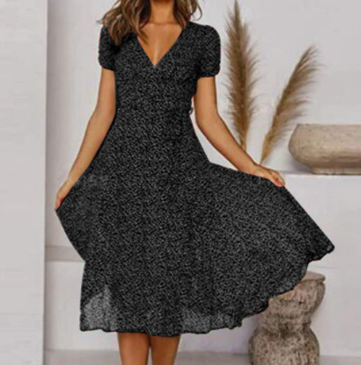 Andrea's™ | Bedrucktes V-Ausschnitt Kurzarm Schnürkleid