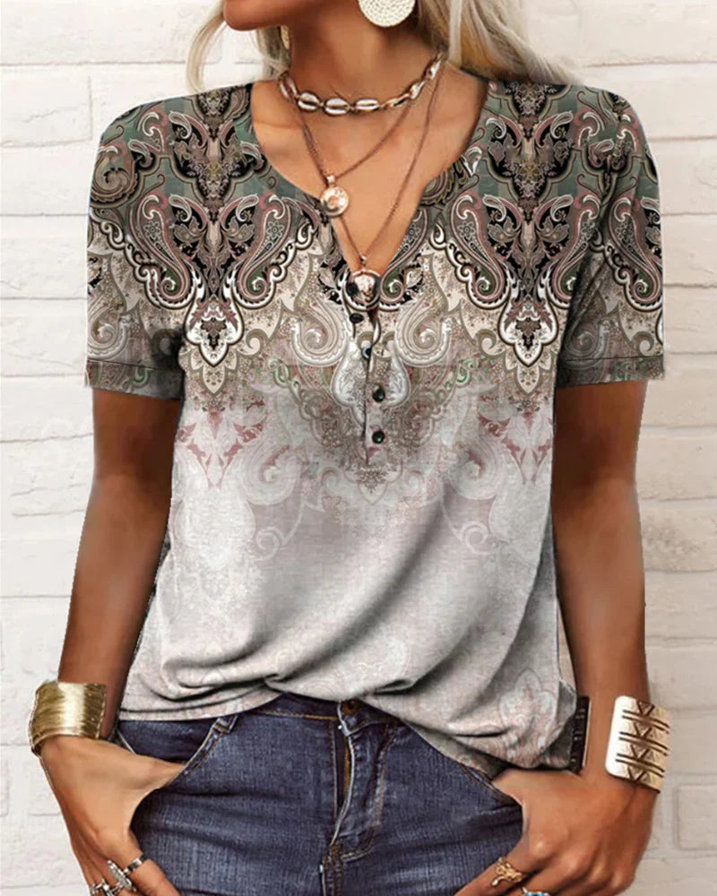 Andrea's™ | Bedrucktes Kurzarm-T-Shirt mit V-Ausschnitt