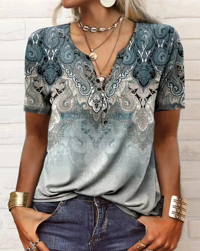 Andrea's™ | Bedrucktes Kurzarm-T-Shirt mit V-Ausschnitt