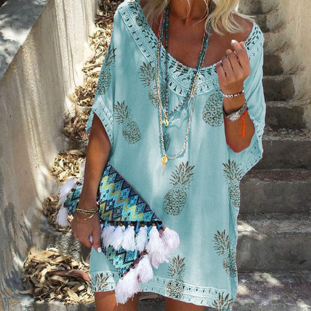 Chic Lace Print Dress Andrea Serena Summer V-Neck