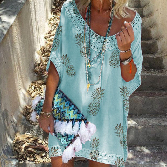 Chic Lace Print Dress Andrea Serena Summer V-Neck