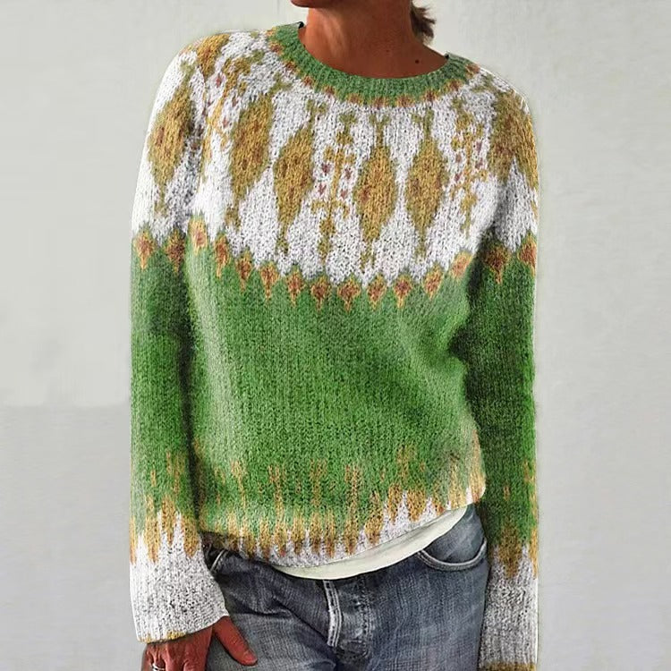 Andrea's™ | Grüner Strickpullover mit goldener Blatt-Rundpasse