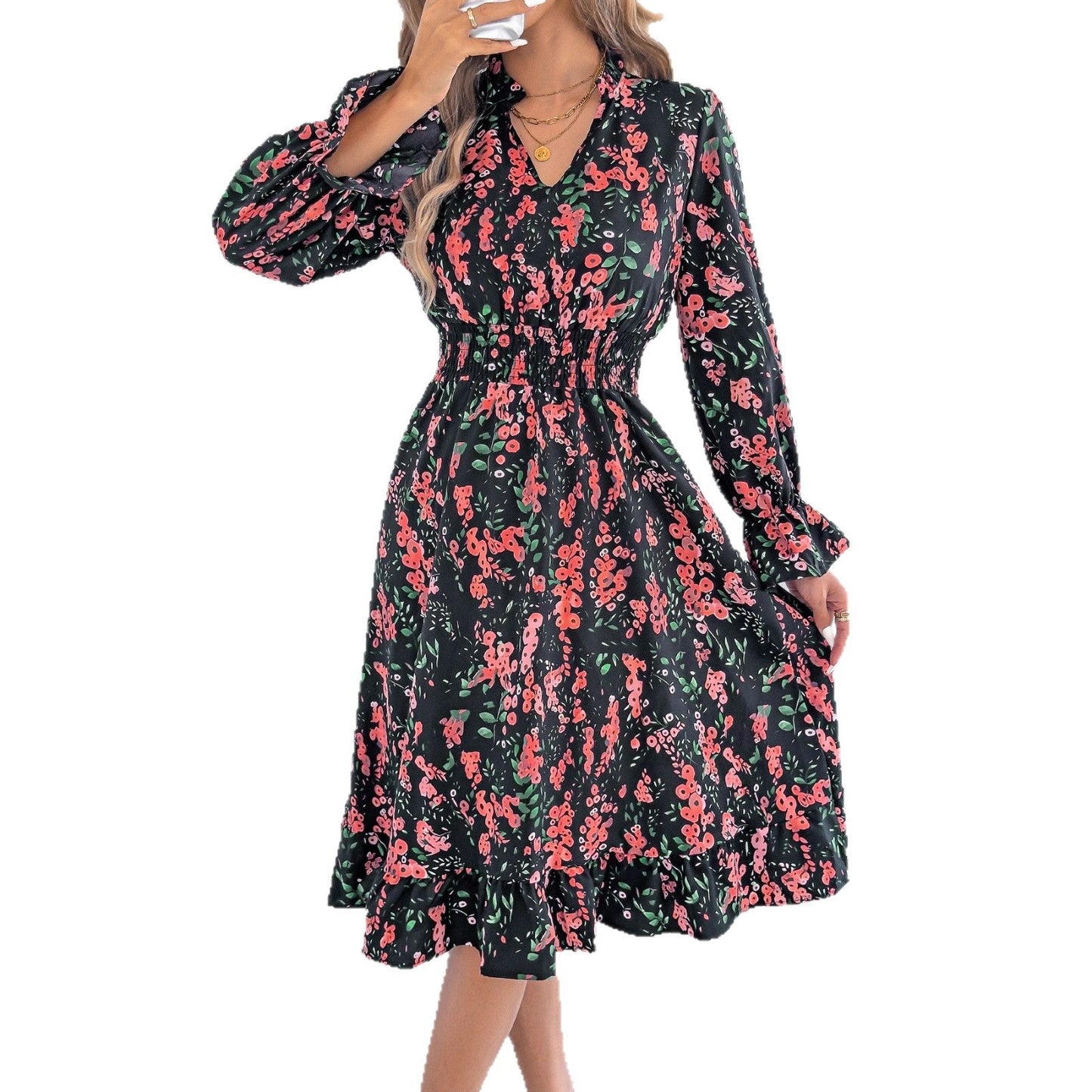 Andrea Serena Midikleid mit Blumenmuster und Glockenärmeln