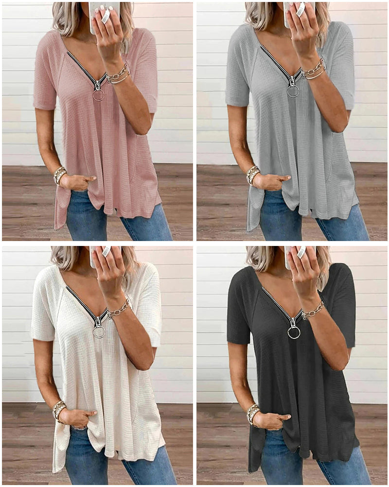 Andrea's™ | Lockeres T-Shirt mit V-Reißverschluss