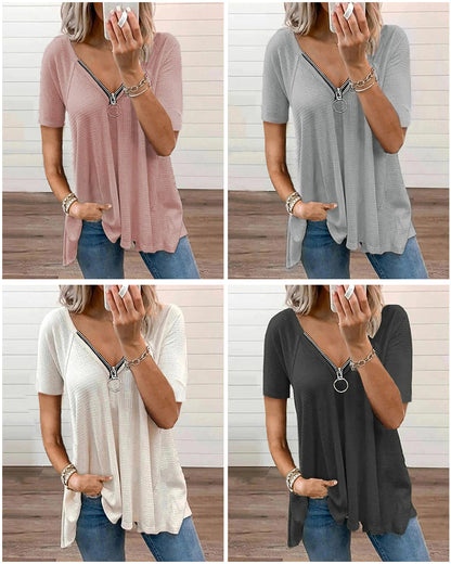 Andrea's™ | Lockeres T-Shirt mit V-Reißverschluss