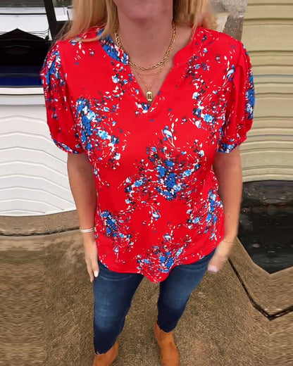 Andrea's™ | T-Shirt V-Ausschnitt Blumenmuster Kurzarm