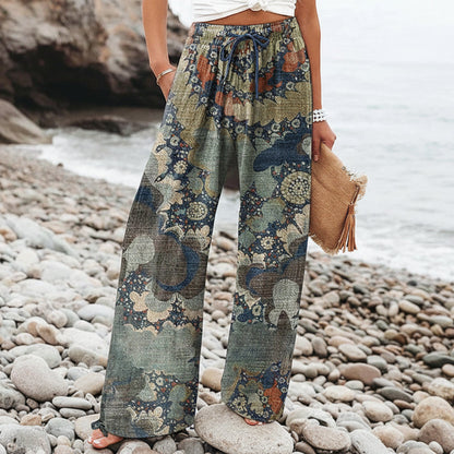 Boho-Hose mit botanischem Muster von Andrea Serena für Damen mit weitem Bein