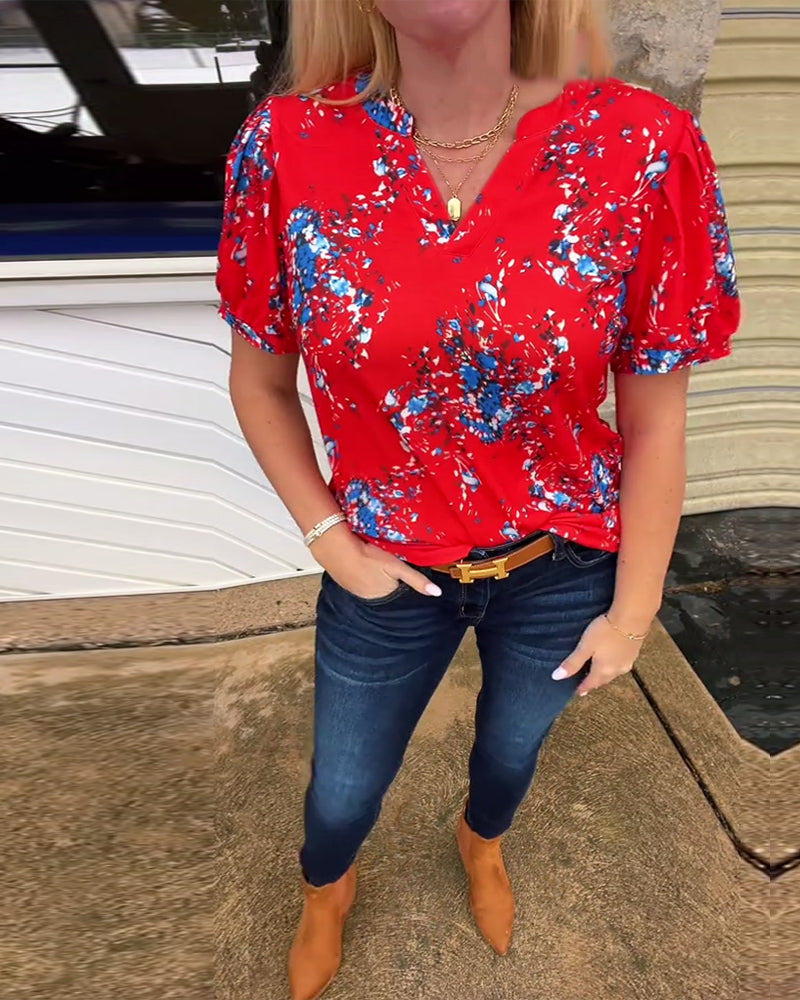 Andrea's™ | T-Shirt V-Ausschnitt Blumenmuster Kurzarm