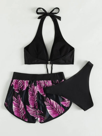 Andrea's™ | 3-teiliges Bikini-Set mit Blätterdruck und Shorts