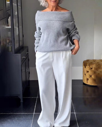 Andrea's™ | Unifarbener langärmeliger Ein-Schulter-Pullover