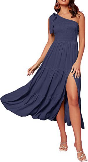 Andrea's™ |  Sommermode Ein-Schulter-Kleid mit plissiertem, geschichtetem Saum, geteilt