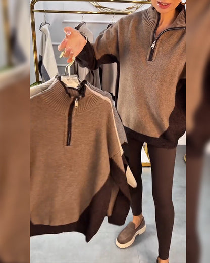 Andrea's™ | Pullover mit Halbreißverschluss und Kontrastfarbe