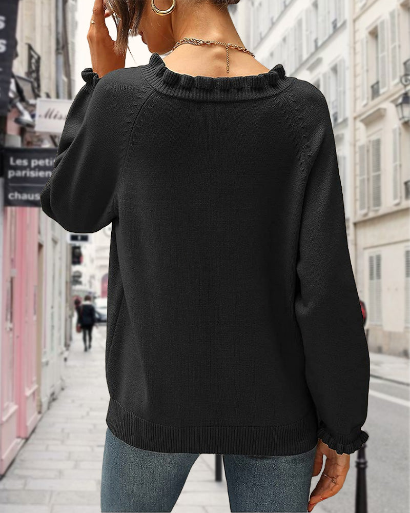 Andrea's™ | Lässiger, einfarbiger pullover mit reversknopf und rüschen